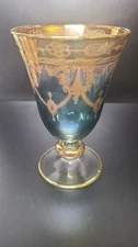 Medici Arte Italica Mouth Blown Italy Gold Trim 5.5" Green Wine Glass Goblet