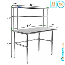 30" x 36" Stainless Steel Open Base Table With 12" Wide Double Tier Overshelf