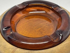 Vintage 6" Amber Cigar Cigarette Ashtray, Heavy Glass With Wood Base
