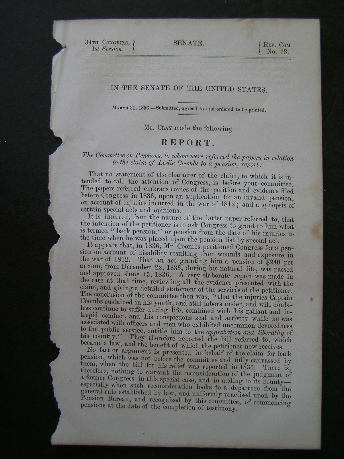 Government Report 1856 Leslie Combs Injuries Incurred War of 1812