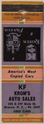 Matchbook Cover Kaiser Frazer Motors KF Krom's Auto Sales Beacon NY New York