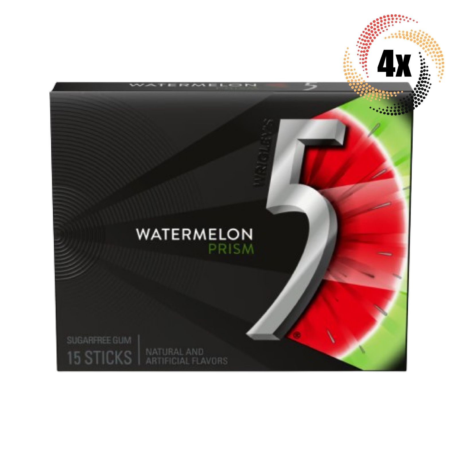 4 упаковки | 5 жевательных резинок со вкусом арбузной призмы | 15 палочек в упаковке | Жевательная резинка без сахара