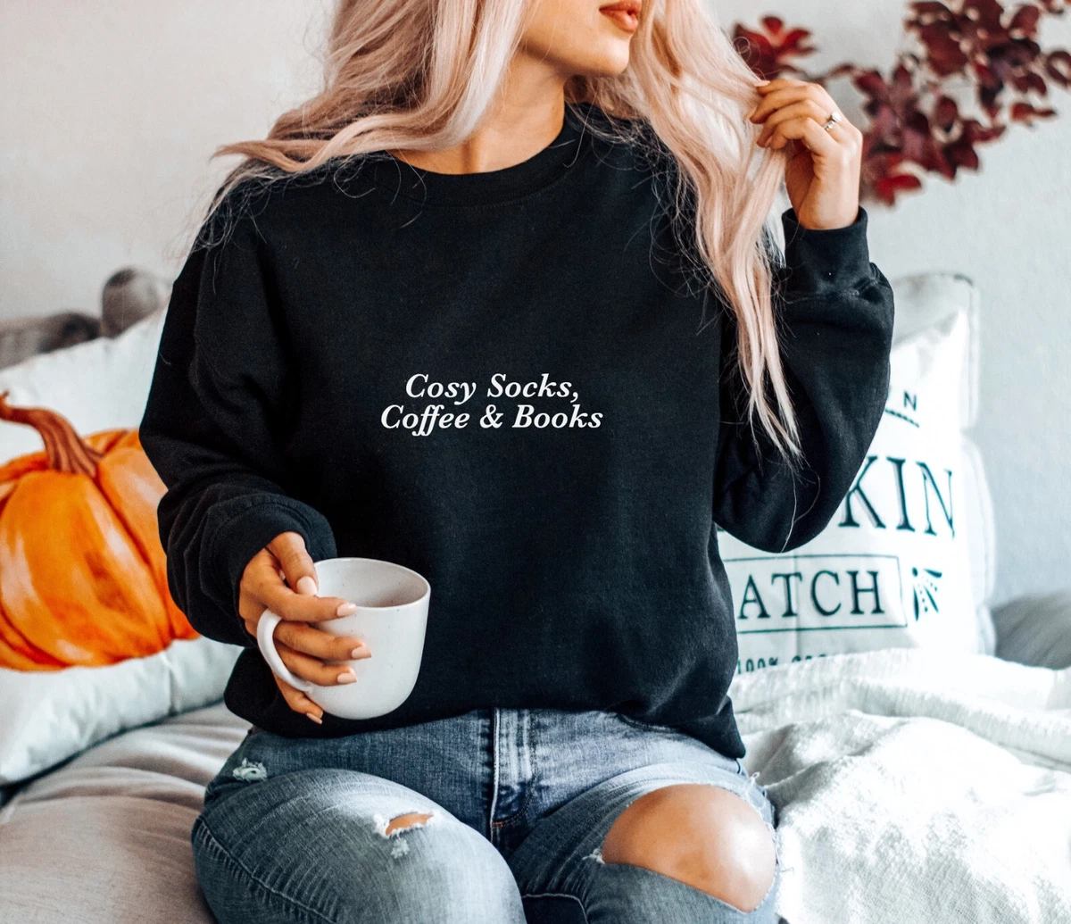 COSY SOCKS COFFEE BOOKS SLOGAN JUMPER BOOK LOVER GIFT SWEATER XMAS