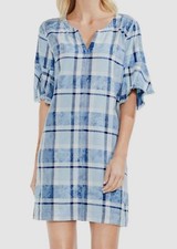 NEW $225 Vince Camuto Women Blue Plaid V-Neck Flutter-Sleeve Shift Dress Size XS