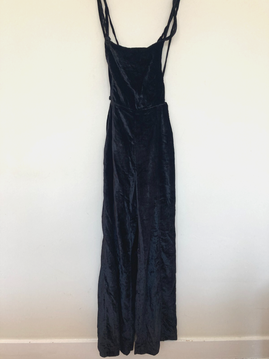 Free People Black Velvet Dungarees Jumpsuit Size Medium Wide Leg