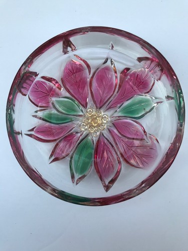 Pink & Green Christmas Poinsettia Flower Round Candy Dish / Ash Tray Thick Glass - Picture 5 of 7