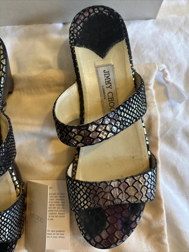 Jimmy Choo Snake Embossed Mules Heels Sandals Wooden Platform Python Size 6.5 - Image 4 of 4
