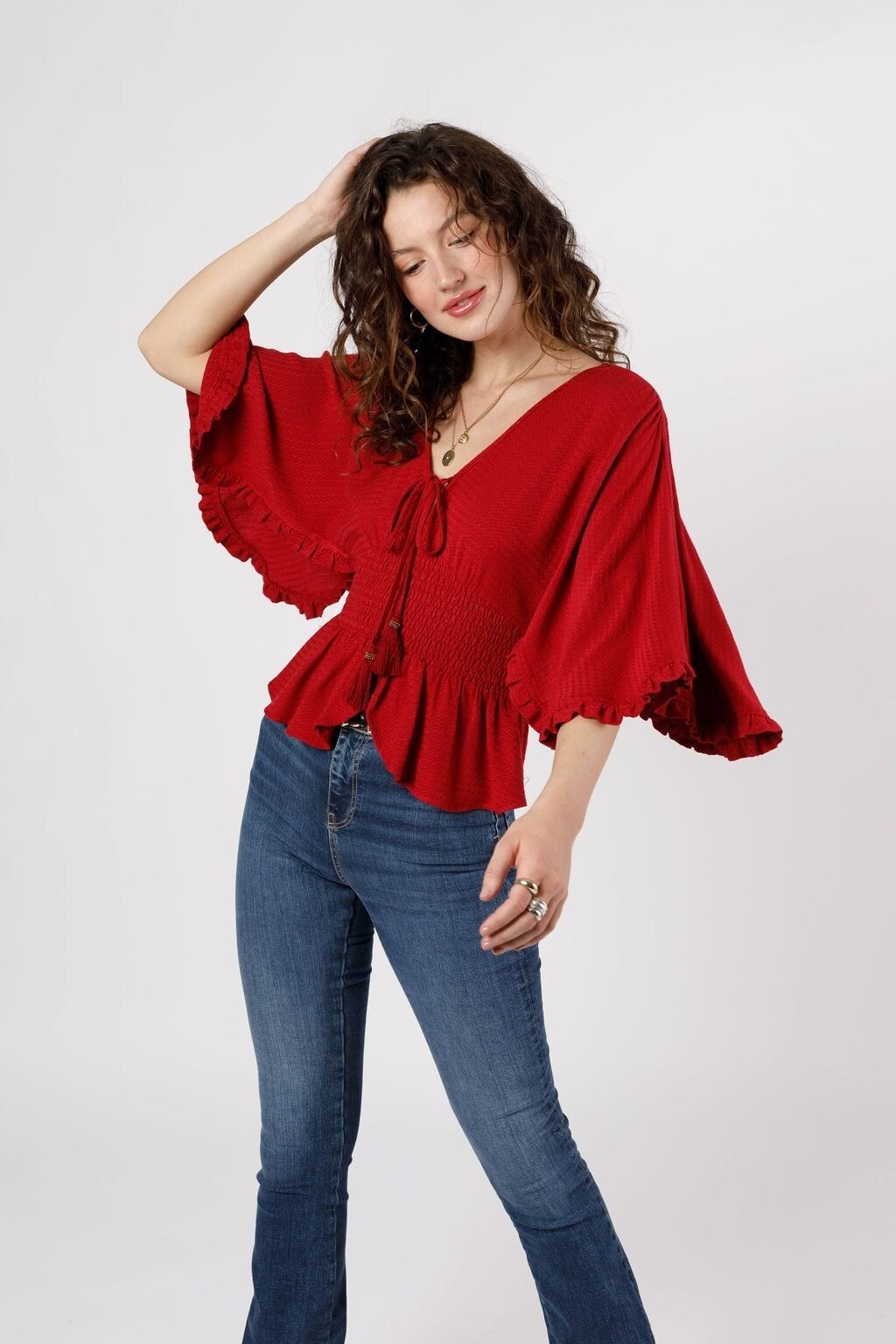 Band Of The Free Kacey Red Smocked Waist Top Womens M Boho Bohemian Gypsy Hippie