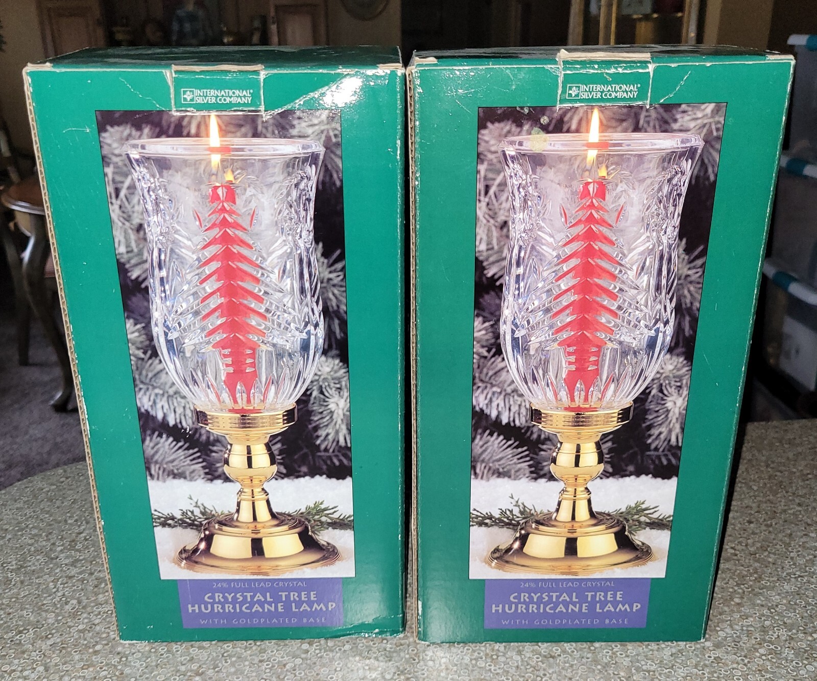 International Silver Co Crystal Tree Hurricane Lamp Gold Base 11" (NOS