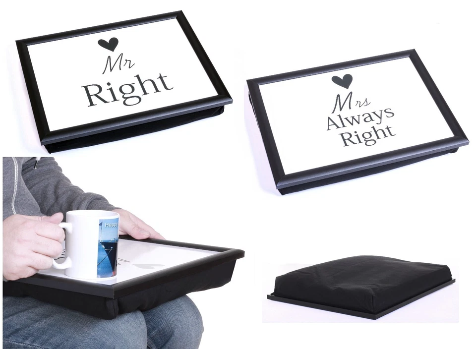 OPTIMAL PRODUCTS SET OF 2 MR RIGHT & MRS ALWAYS RIGHT BEAN BAG PADDED CUSHION LAP TRAY XMAS GIFT
