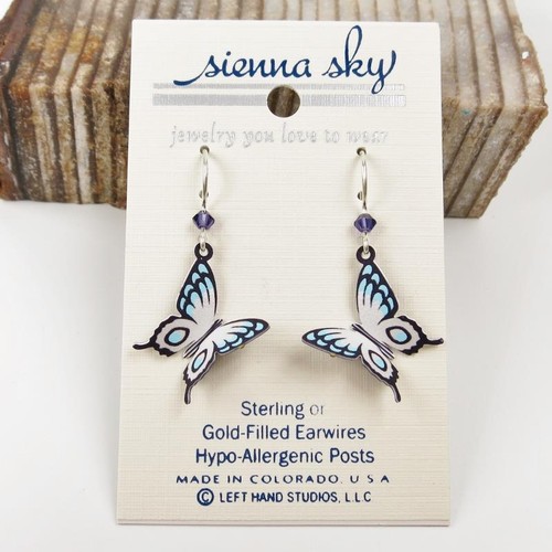 Sienna Sky Earrings 925 Sterling Silver Hook Violet Blue White Fantasy Butterfly - Picture 1 of 4