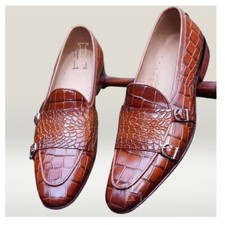 Handmade Men's Brown Alligator Texture Spectator Lace Up Formal Style, Sale !!!