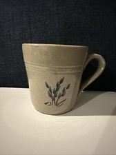 NC Jugtown Ware Pottery Red Clay Coffee Mug Brown Glaze Blue Floral -1987 VTG