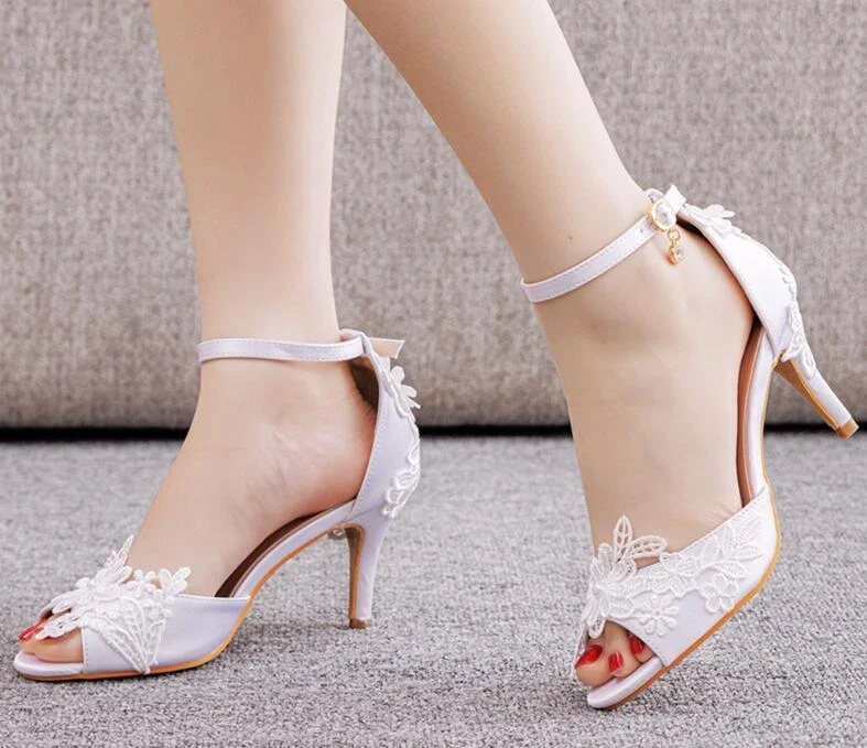 Womens Peep Toe Lace Flowers Sandal Ankle Strap Kitten Heels High Heel Mary Jane - Image 2 of 4
