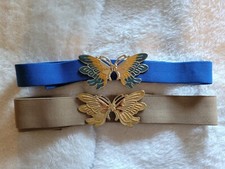 VTG lot of 2 Butterfly Clasp Belt 70s Kitschy gold colorful blue beige yellow