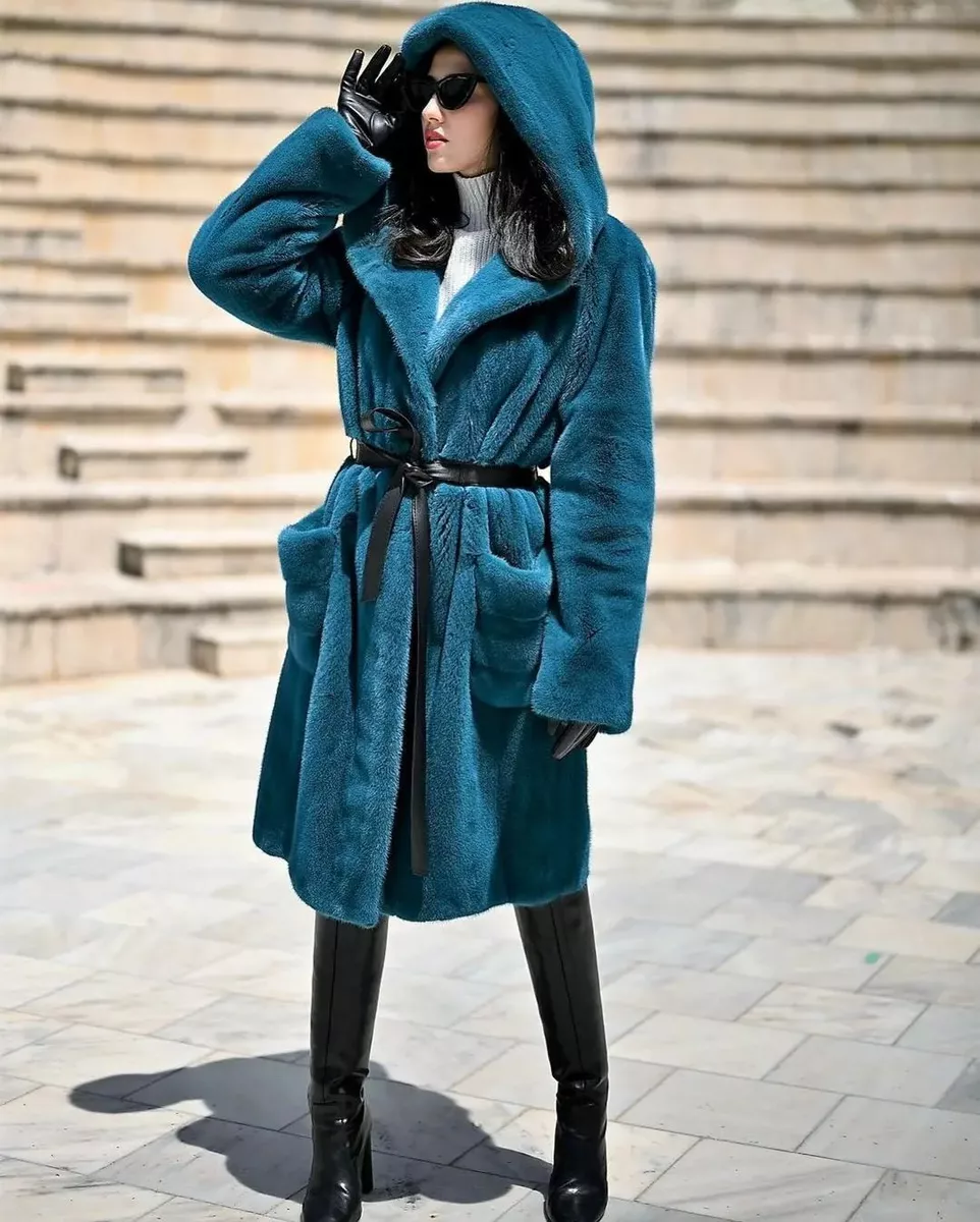 Long manteau femme luxe bleu v ritable vison fourrure tranch e manteau chaud cad