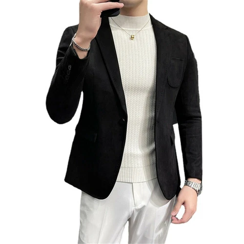 Men Suede Blazer Jacket Business Formal Casual Button Slim Fit Suit Coat Tops - Picture 9 of 21
