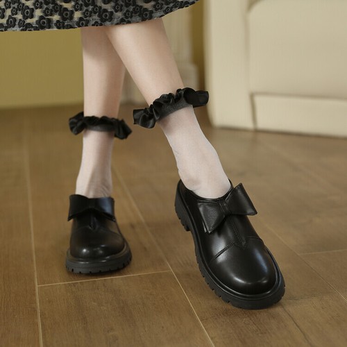 Women's Fashion Leather Round Toe Bowtie Platform Oxford Loafer Soft Shoes SUNS