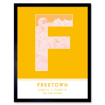 Freetown Sierra Leone Stadtplan Typografie gerahmter Wandkunstdruck 12 x 16 Zoll