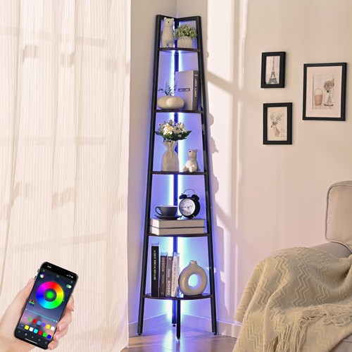 Corner Shelf, 5-Tier Corner Bookshelf with LED Light, 67.5in Corner Shelves