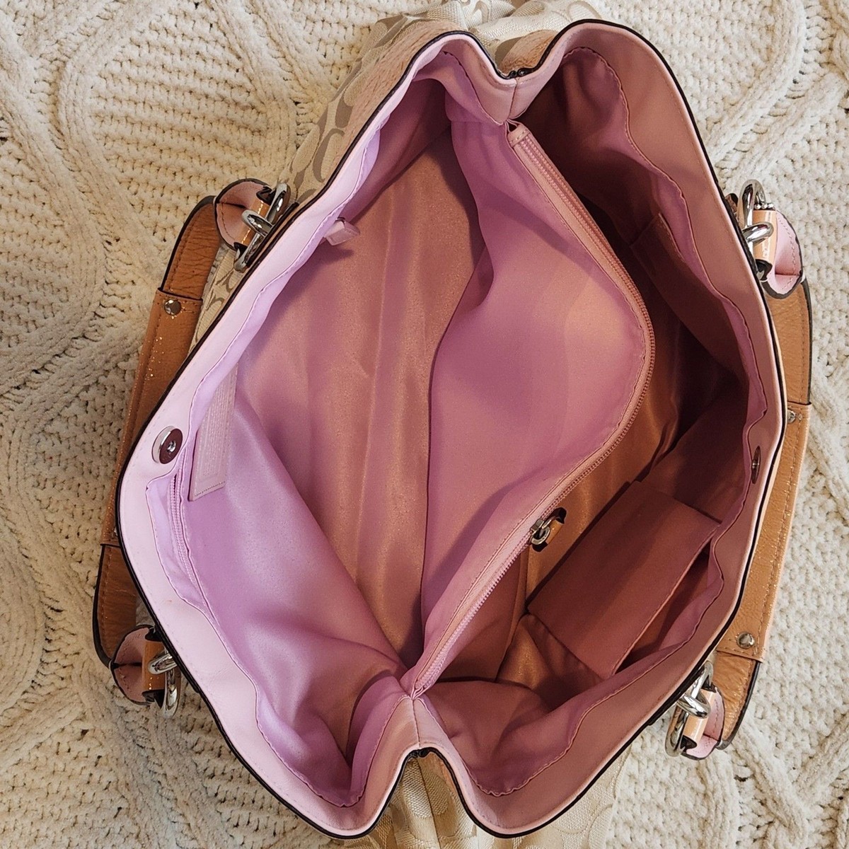 Coach Signature C Penelope Peach/Tan Leather/Canvas Tote Bag No
