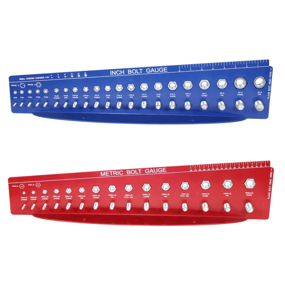 Medidor de pernos de alta resistencia para tamaños exactos de rosca - Herramienta portátil en rojo y azul Foto 3 de 4