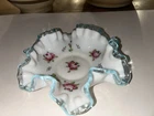 Vintage Fenton Aqua Crest Rose Milk Glass Ruffled Candy Dish Bowl