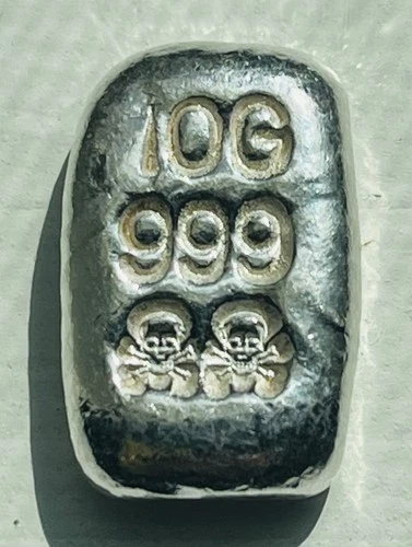 10 Gram Hand Poured Cast .999 Fine Silver Skull & Crossbones Bullion Bar