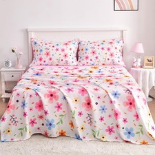 Full Sheet Set for Girls, 4 Pieces Cute Colorful Flower Kids Sheets Pillowcas...