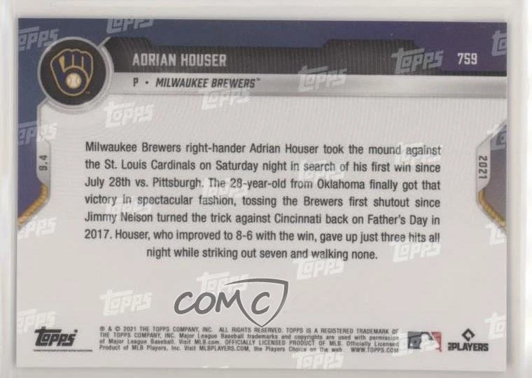 2021 Topps Now Purple /25 Adrian Houser #759 - Image 2 of 2