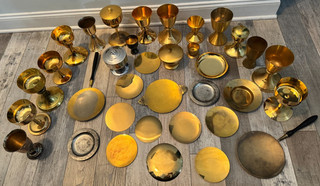 LOT OF 35 ANTIQUE & VINTAGE CATHOLIC CHURCH ALTAR CHALICES CIBORIUM & PATENS