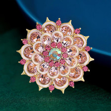 Pink Enamel Crystal Rhinestone Large Lotus Flower Brooch Pin
