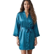 Frederick's of Hollywood Robe Women Large Teal Blue Satin Kimono Tie Waist Short