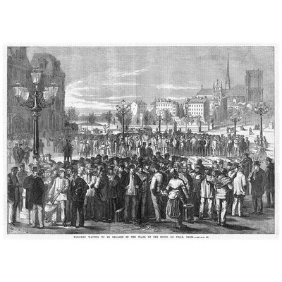 Paris Arbeiter warten auf Verlobung Ort des Hotel de Ville - alter Druck 1869