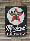 VINTAGE OLD TEXACO MECHANIC ON DUTY PORCELAIN GAS STATION PUMP SIGN 12" x 16"
