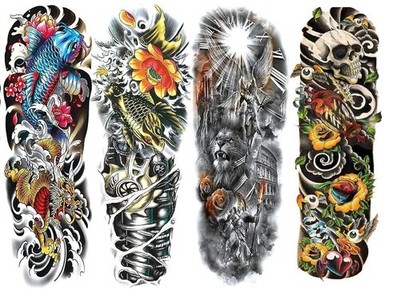 4 Sheet Full Arm Temporary Tattoo Sleeves   Dragon Koi Fish Warrior Skull Floral