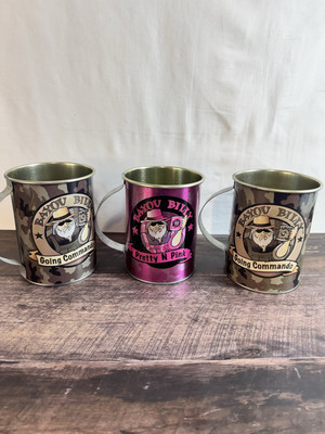 2 BAYOU BILLY-GOING COMMANDO/1 PRETTY N PINK TIN MUGS