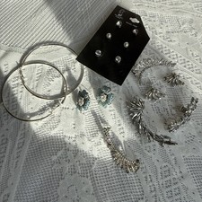 Mixed Silver Tone Earrings Lot Hoops Studs Ear Climbers Rhinestone 8+ Pairs