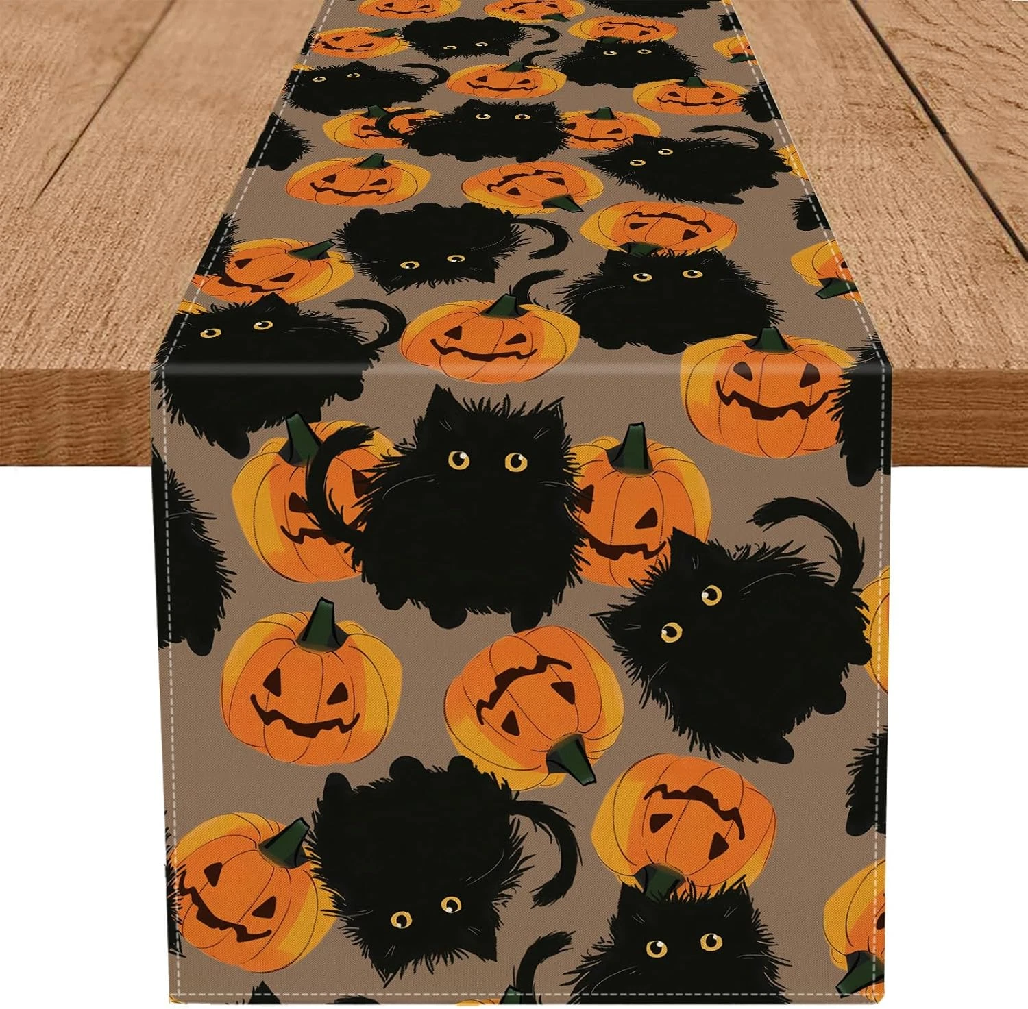 Halloween Decorations Black Cat Pumpkins Table Runner Kitchen Dinning 13x72 Inch