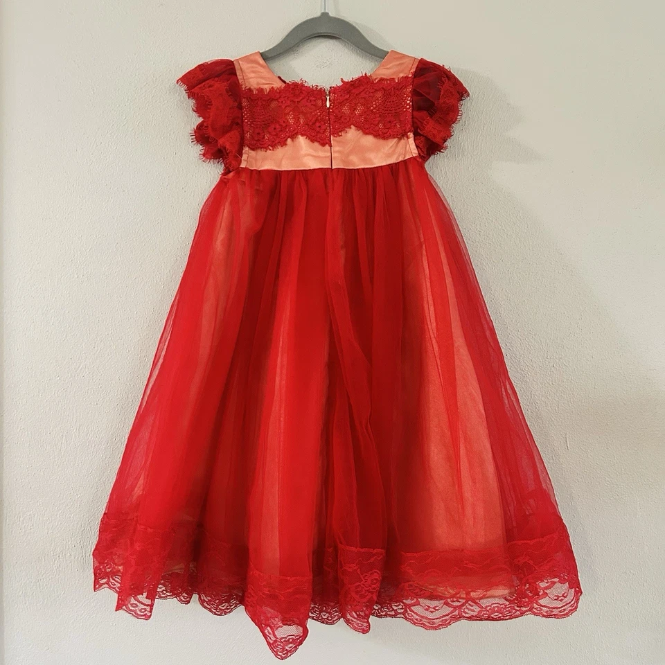 Vestido Trish Scully Adriana Rojo Carmesí Encaje Tul Talla 4 Vacaciones Formal Foto 2 de 4