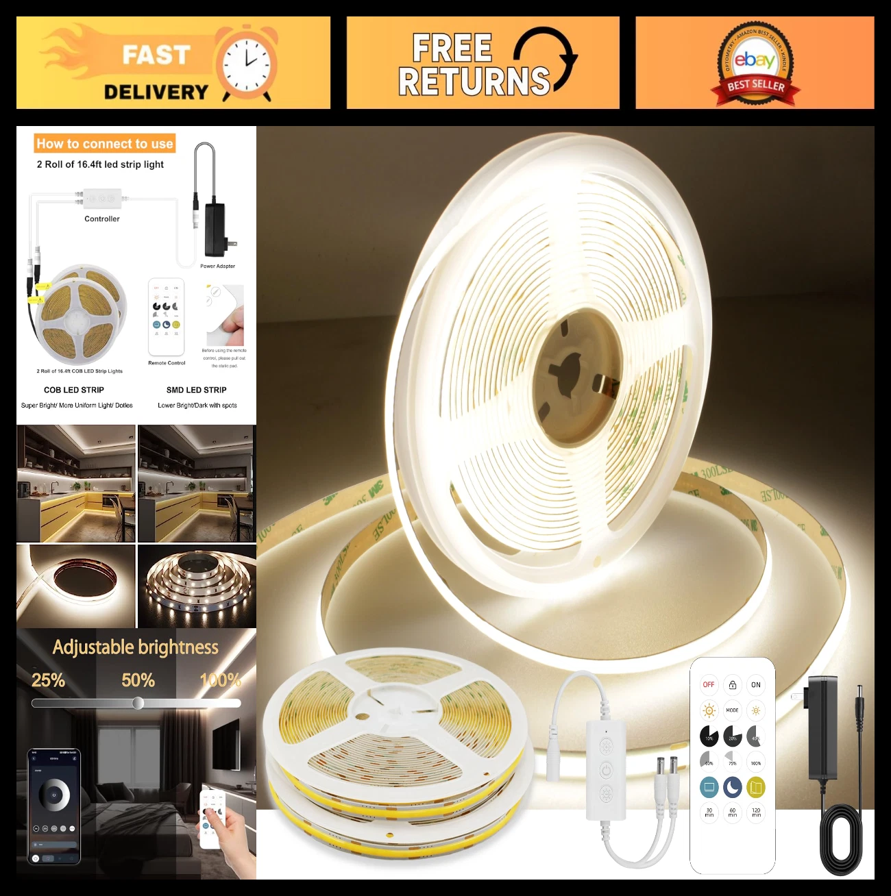 Dimmable 32.8ft COB LED Strip Lights, 320 LEDs, RF Remote, 4000K for Home Decor