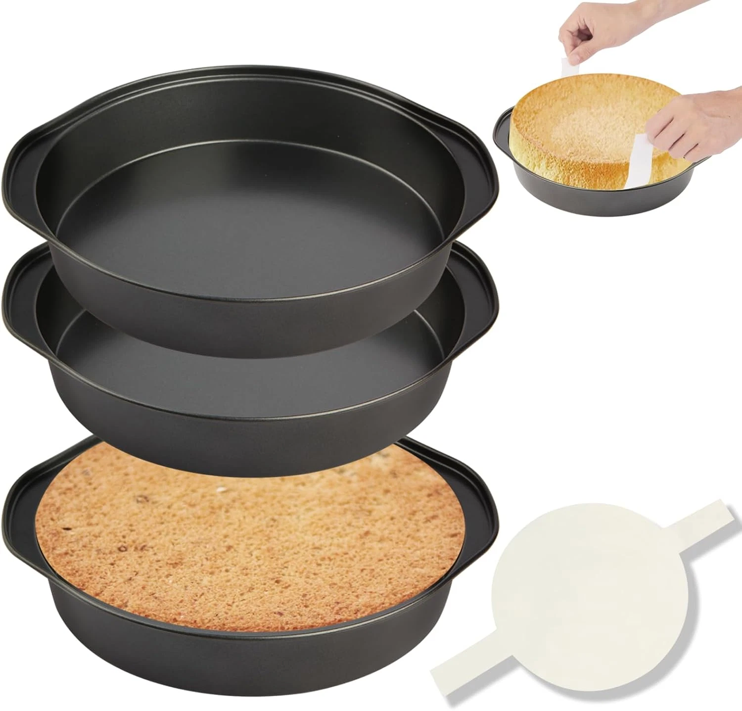 8" Round Cake Pan, 3PCS Nonstick Cake Pans with 100 PCS Parchment Paper, Carbon