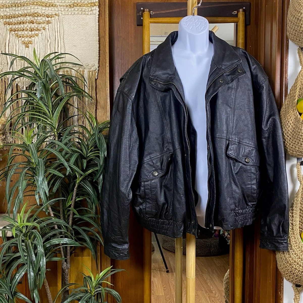 Vintage Leather Bomber Jacket Mens 3X Black Oversized Zip Lined