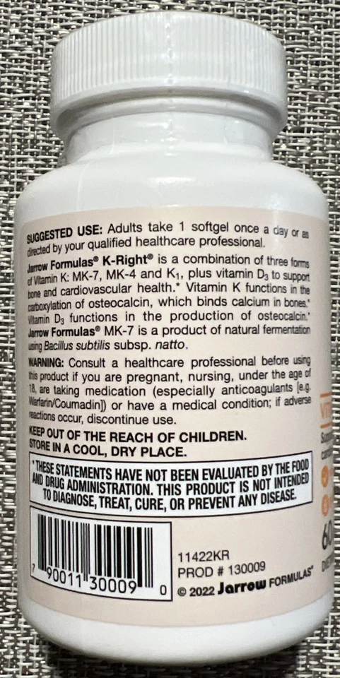 (New) Jarrow Formulas K-Right Vitamin K-Complex Non-GMO, 60 Softgels  - Image 3 of 3