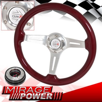345mm Red Wood Chrome Center Deep Dish Steering Wheel + Black Slim Quick Release