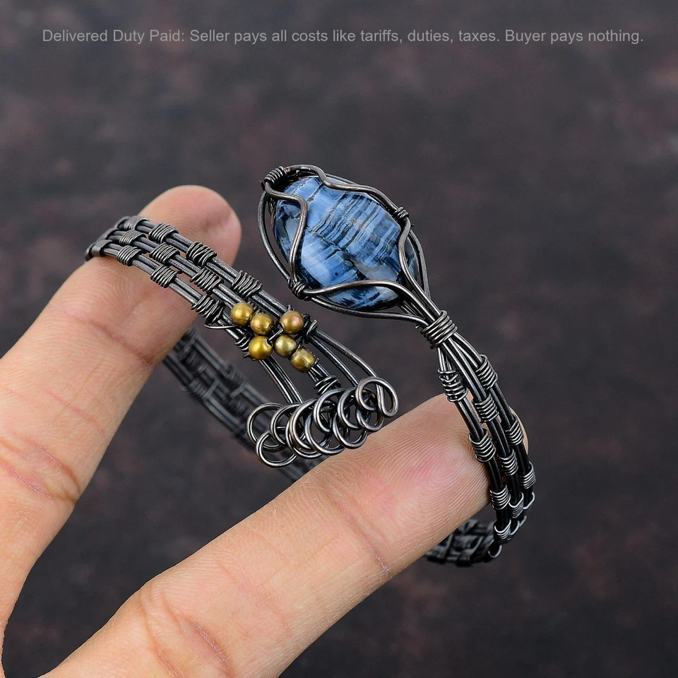 Copper Oval Pietersite Gemstone Anniversary Wire Wrapped Trendy Art Deco Cuff - Image 3 of 4