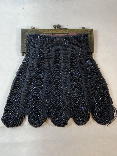 Vintage Antique Peacock Blue Black Beaded Handbag Purse Art Nouveau Needs Repair