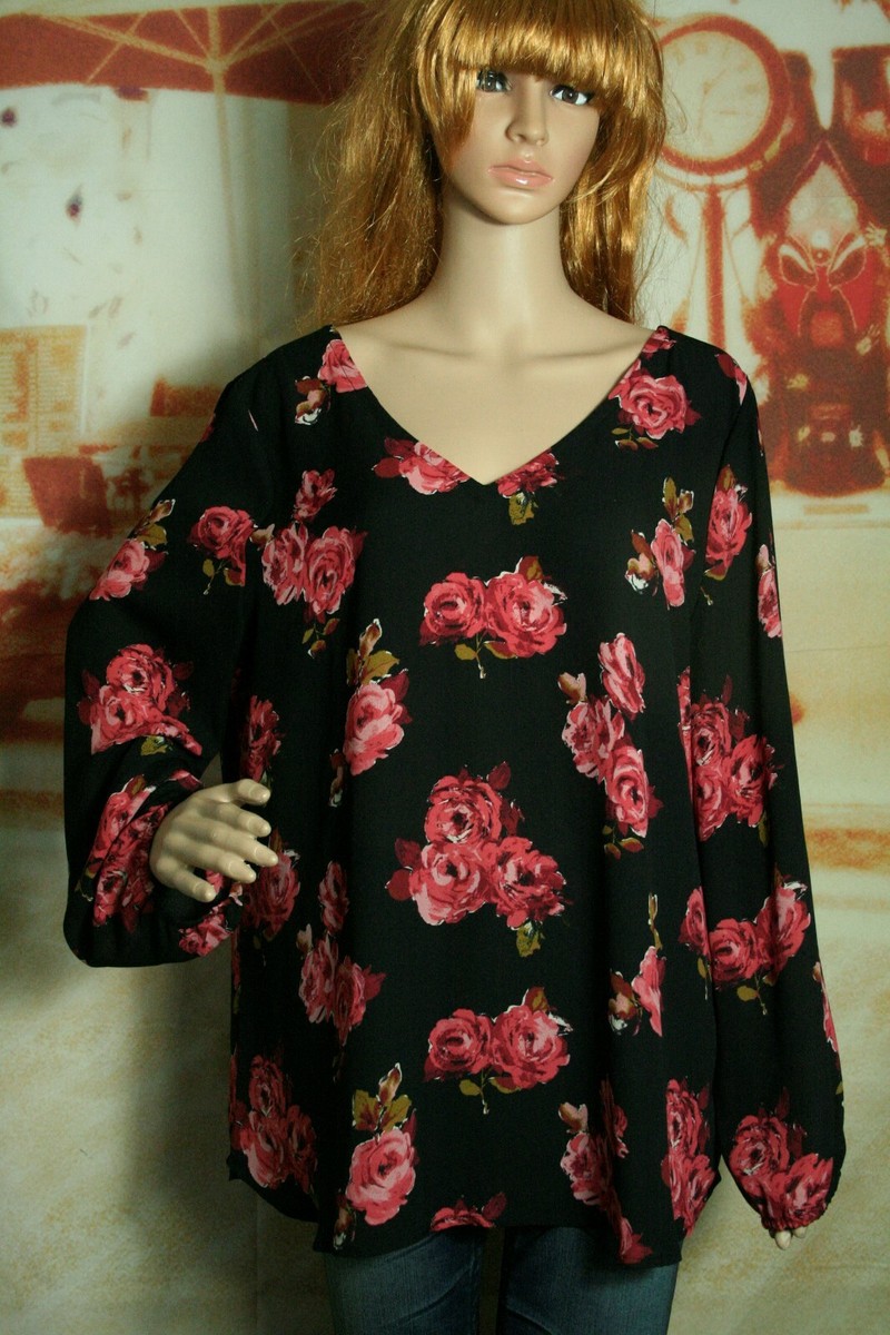 ブラウス シャツ rose dress top レディース 14th & Union Top Long Sleeve Black Rose Print Chiffon Cross