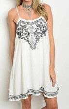 NEW POEMA S WHITE BLACK BOHO FLORAL STRAPPY MINI OVERSIZED TANK FESTIVAL DRESS