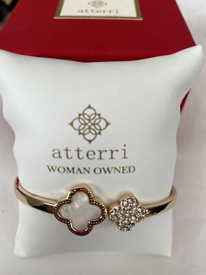 Atterri GOLD Tone Mother Of Pearl Clover Hinged Bangle Bracelet Alhambra Style
